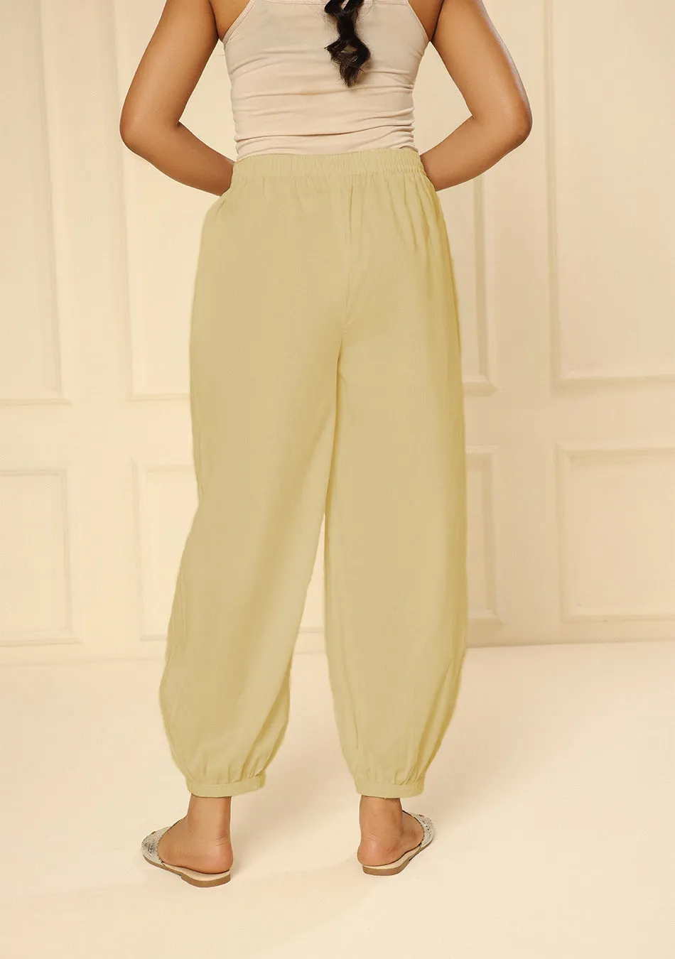 BEIGE EMBROIDERED LACE CUFF PANTS
