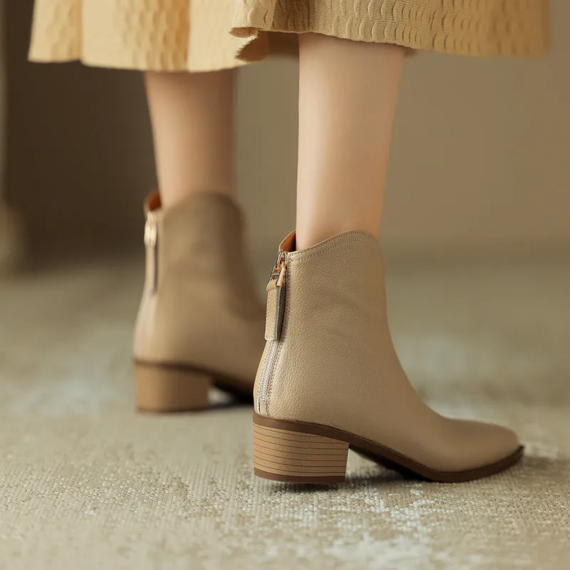 Classic Nude Leather Ankle Boots