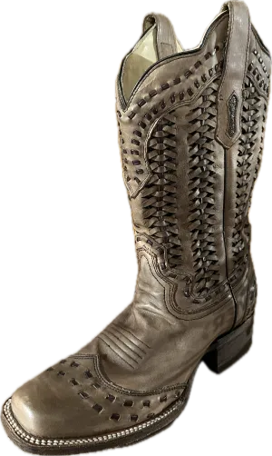 Corral Women's Square Toe Buck Stitch Toe & Top with Basket Weave on Shaft Boots