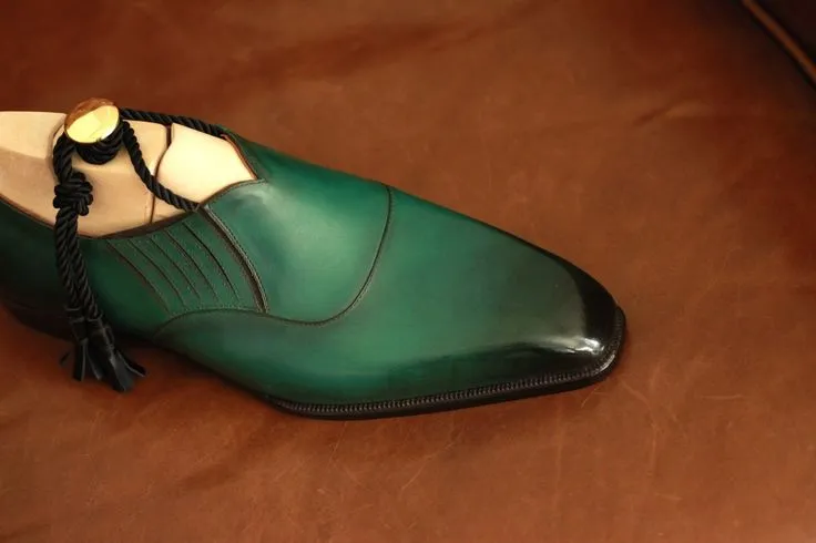 Green Leather Midara Slip On Elasticated Loafers With Brogue - Formal Shoes