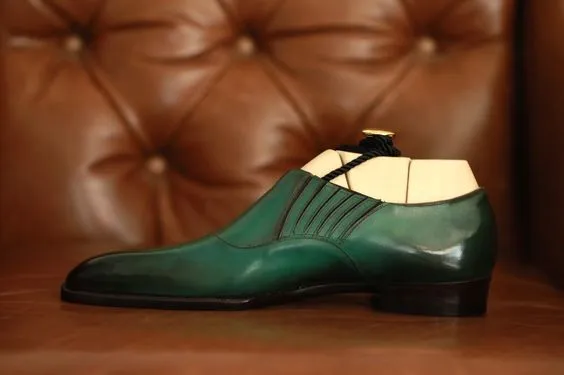 Green Leather Midara Slip On Elasticated Loafers With Brogue - Formal Shoes