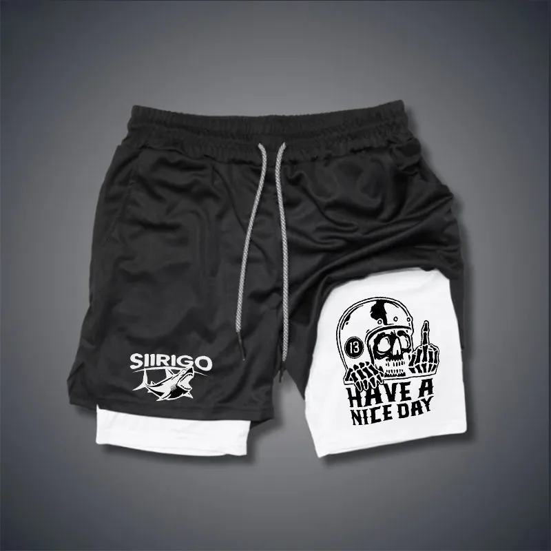 HAVE A NICE DAY Skull with Helmet 2 In 1 GYM PERFORMANCE SHORTS