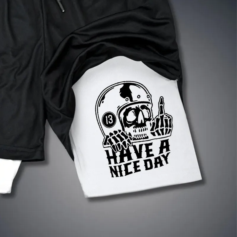 HAVE A NICE DAY Skull with Helmet 2 In 1 GYM PERFORMANCE SHORTS
