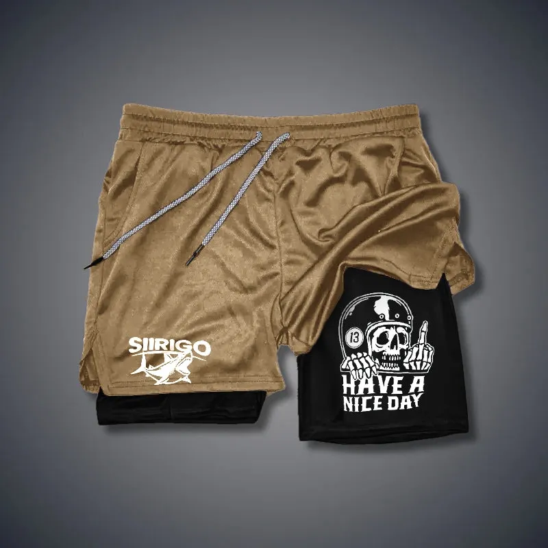 HAVE A NICE DAY Skull with Helmet 2 In 1 GYM PERFORMANCE SHORTS