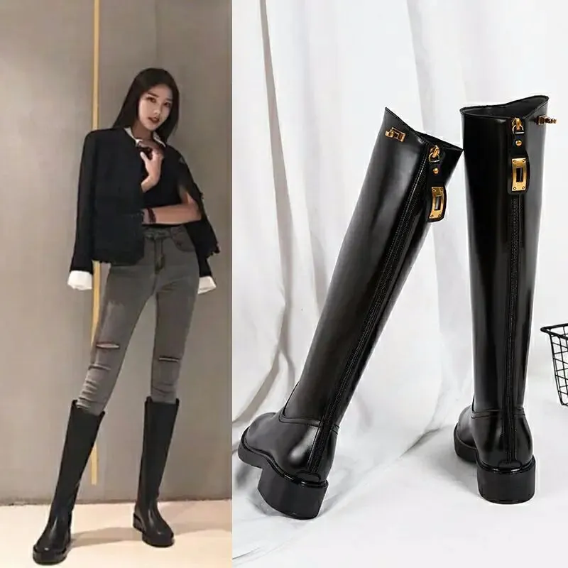 Knee-high Thick Heel Long Martin Leather Boots