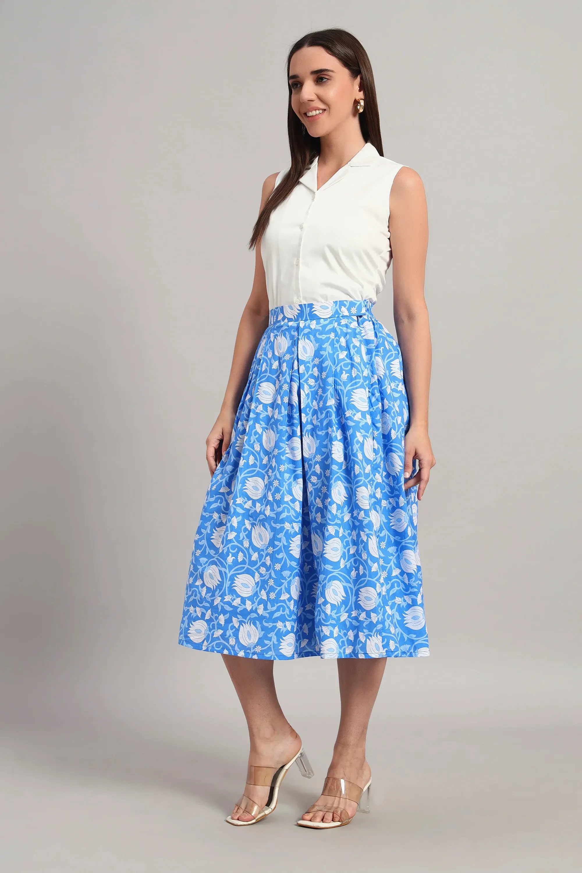 Lotus Bloom Skirt Set, Blue and White