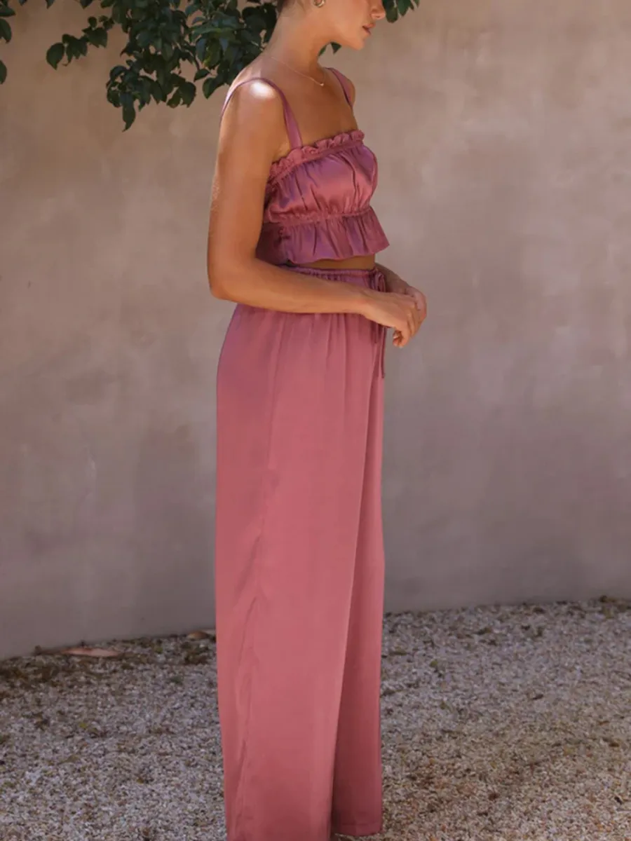 Madonna Satin Wide Leg Matching Sets - Pink