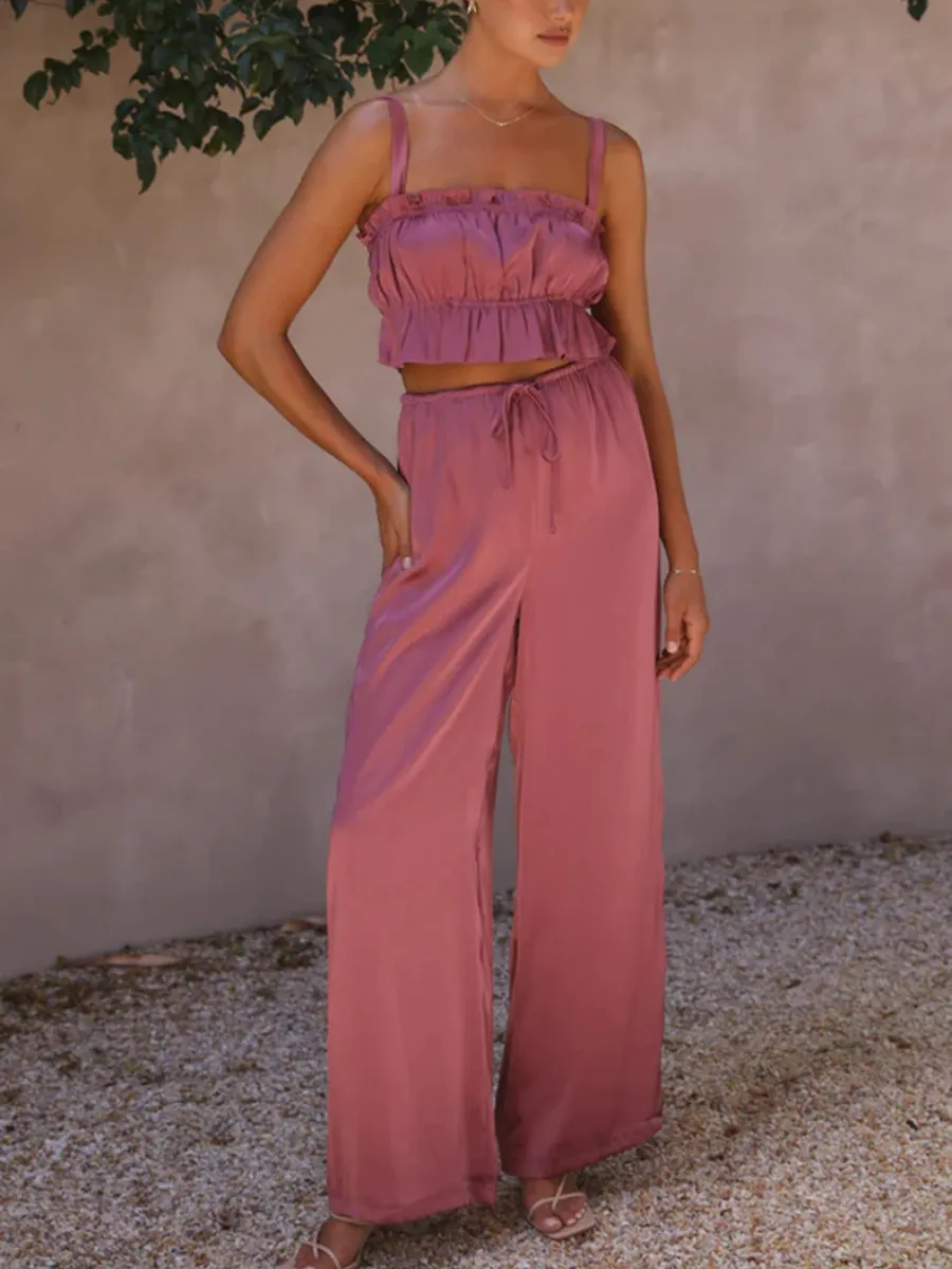 Madonna Satin Wide Leg Matching Sets - Pink