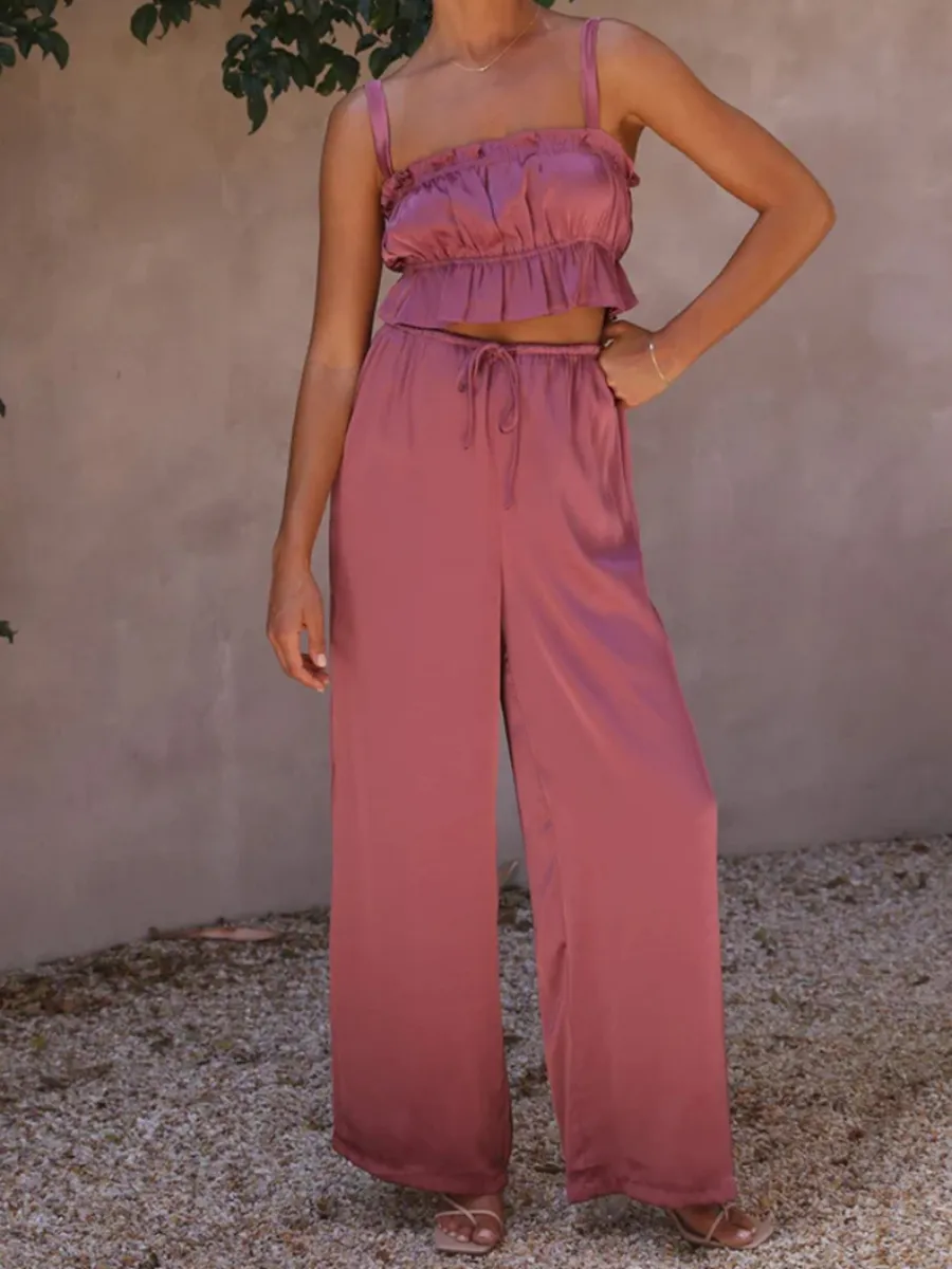 Madonna Satin Wide Leg Matching Sets - Pink