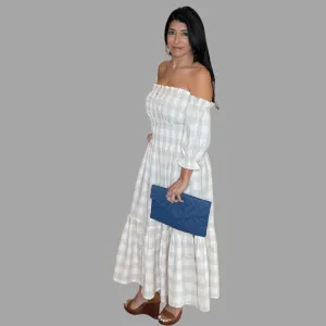 MARIELLA OFF THE SHOULDER CHECKERED SMOCKED MAXI DRESS