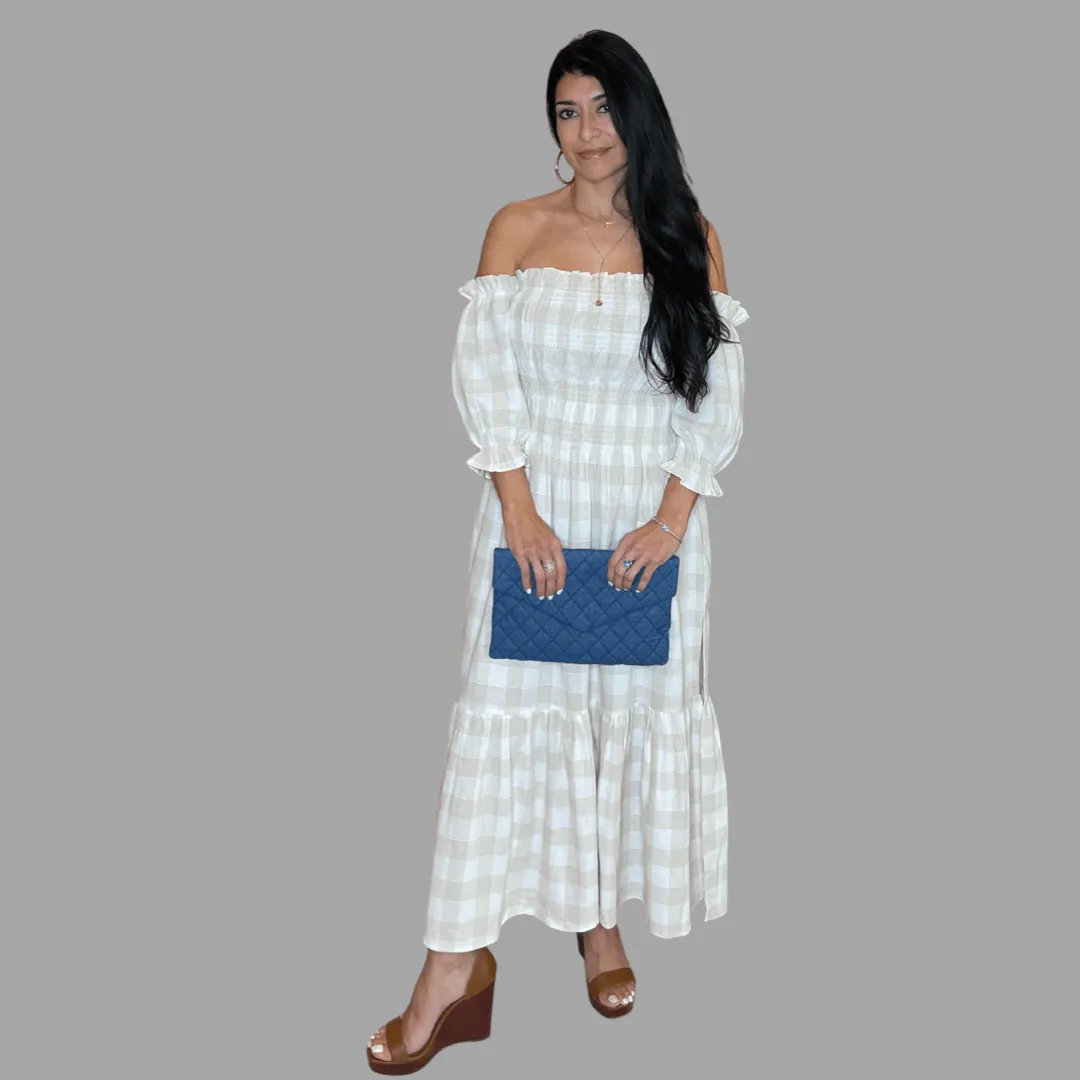MARIELLA OFF THE SHOULDER CHECKERED SMOCKED MAXI DRESS
