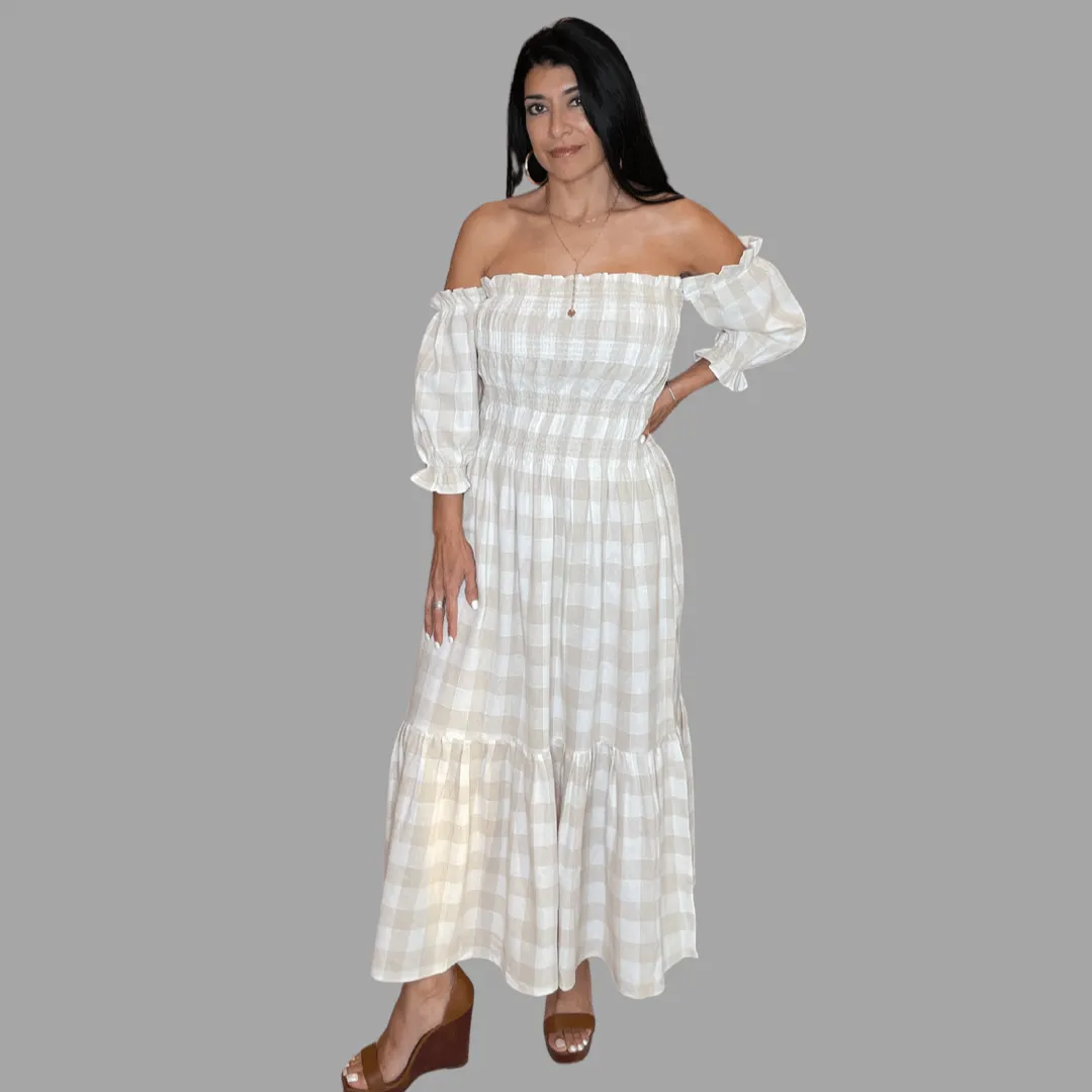 MARIELLA OFF THE SHOULDER CHECKERED SMOCKED MAXI DRESS