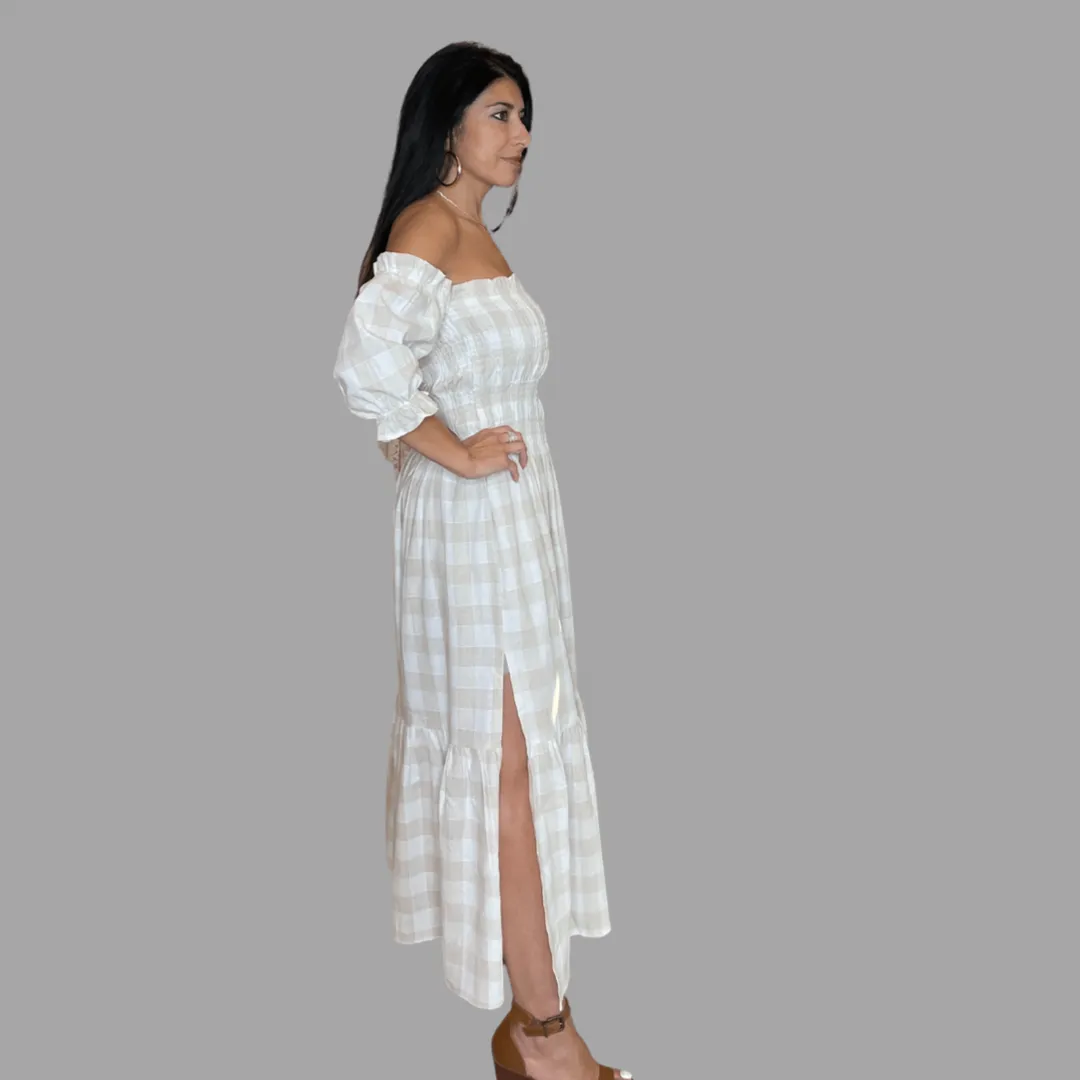 MARIELLA OFF THE SHOULDER CHECKERED SMOCKED MAXI DRESS