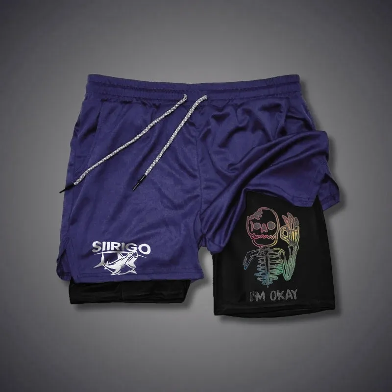 Multicolored Skull Bone I’M OK 2 In 1 GYM PERFORMANCE SHORTS
