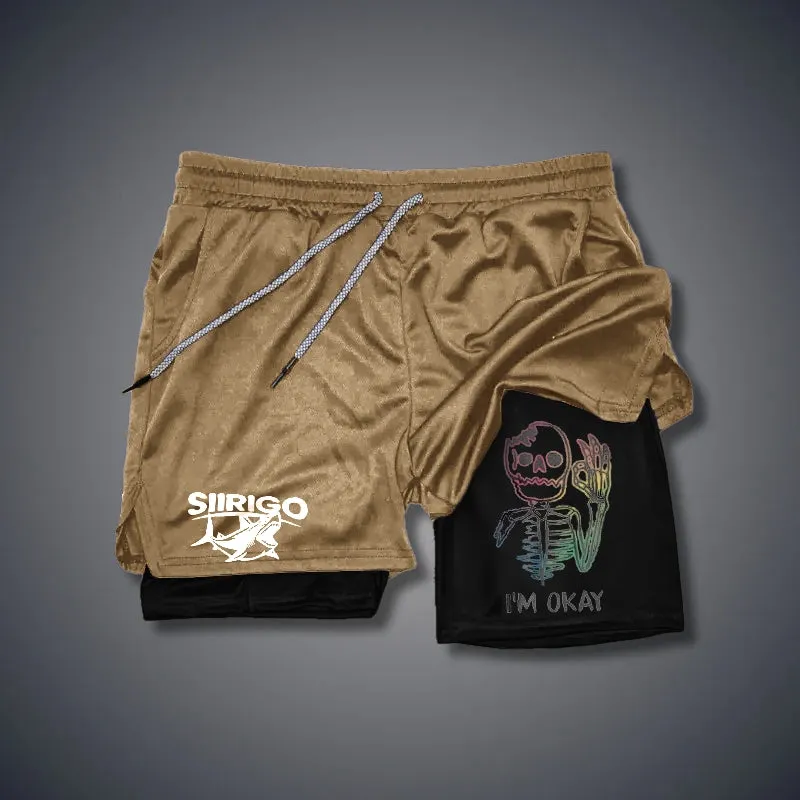 Multicolored Skull Bone I’M OK 2 In 1 GYM PERFORMANCE SHORTS
