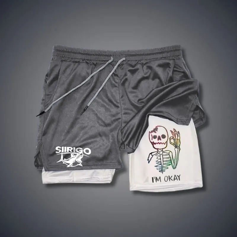Multicolored Skull Bone I’M OK 2 In 1 GYM PERFORMANCE SHORTS