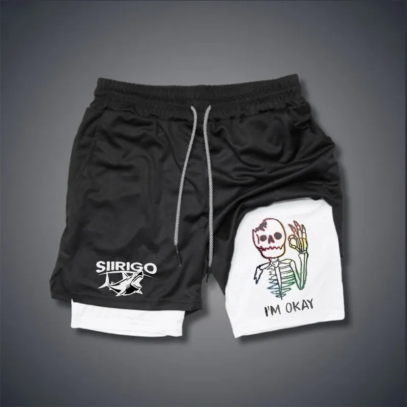 Multicolored Skull Bone I’M OK 2 In 1 GYM PERFORMANCE SHORTS