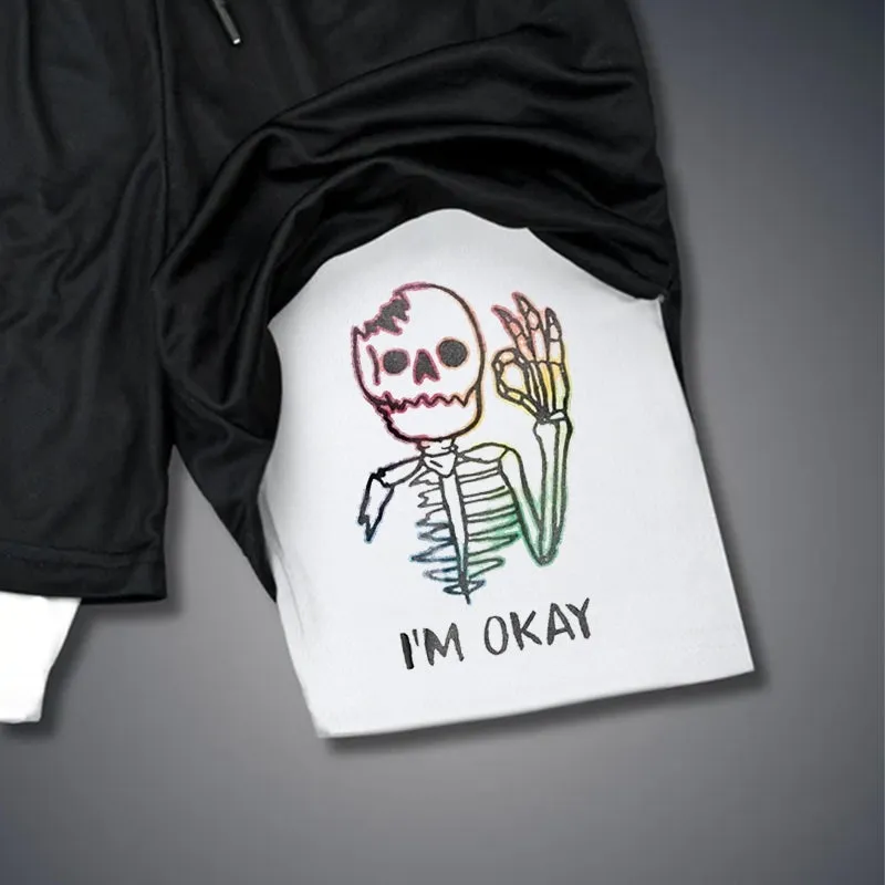 Multicolored Skull Bone I’M OK 2 In 1 GYM PERFORMANCE SHORTS