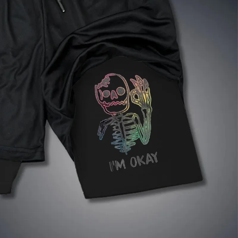 Multicolored Skull Bone I’M OK 2 In 1 GYM PERFORMANCE SHORTS