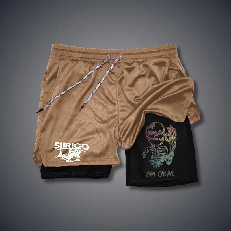 Multicolored Skull Bone I’M OK 2 In 1 GYM PERFORMANCE SHORTS