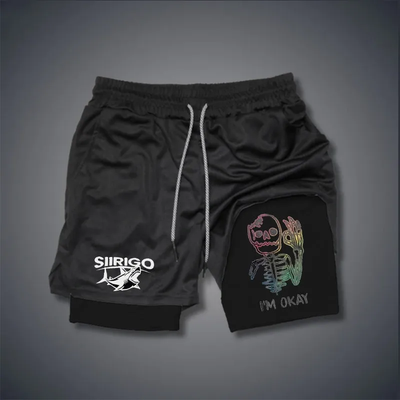 Multicolored Skull Bone I’M OK 2 In 1 GYM PERFORMANCE SHORTS