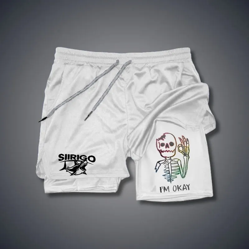 Multicolored Skull Bone I’M OK 2 In 1 GYM PERFORMANCE SHORTS