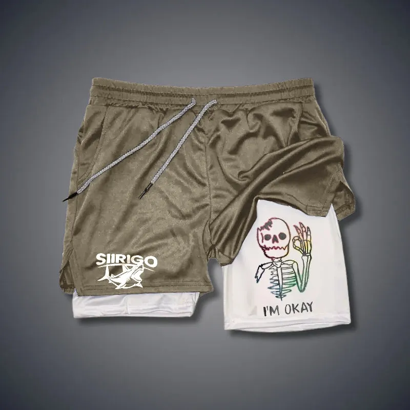 Multicolored Skull Bone I’M OK 2 In 1 GYM PERFORMANCE SHORTS