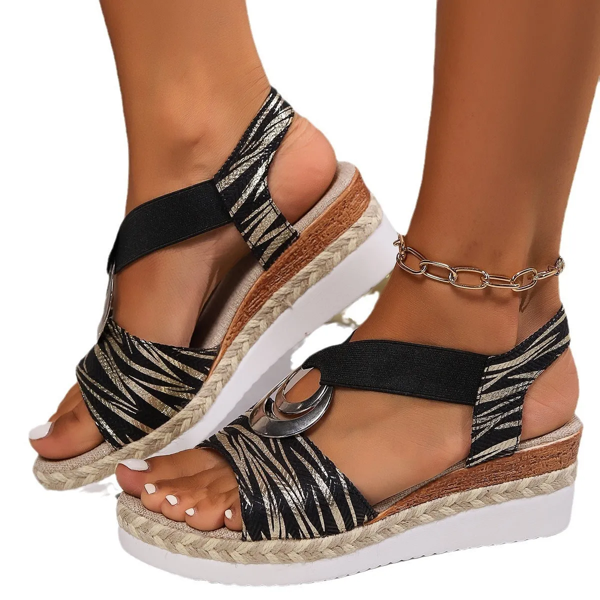 Plus Size Women's Metal Buckle Decorative Hemp Rope Sandals