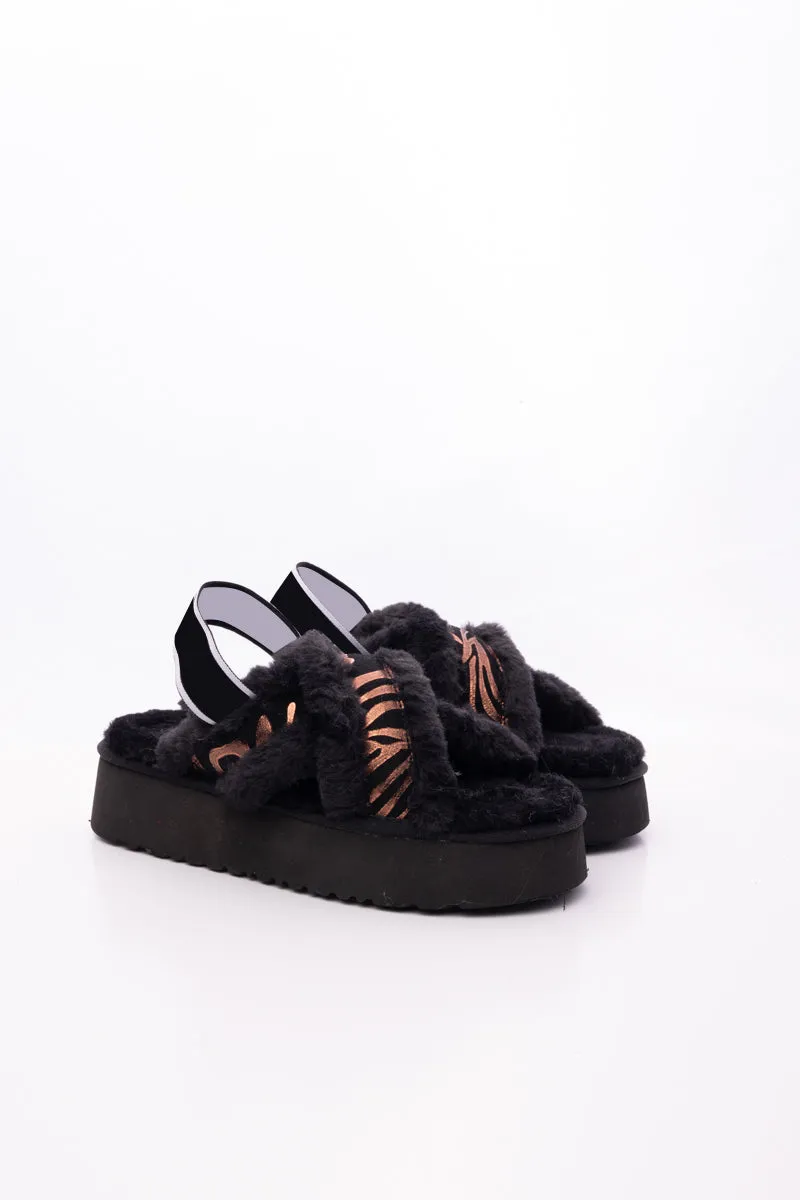 Roar Wool Lined Criss-Cross Strap Slipper - Black