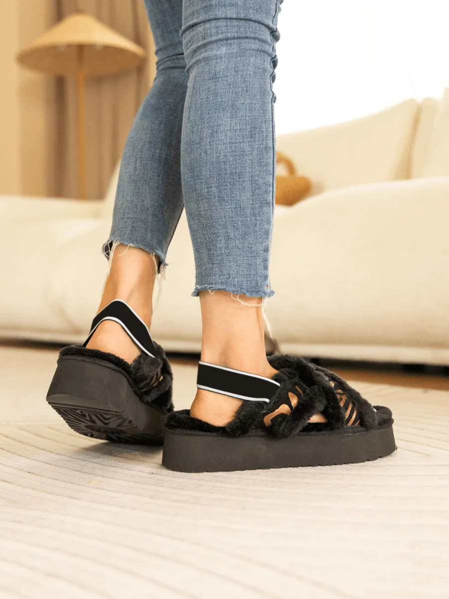 Roar Wool Lined Criss-Cross Strap Slipper - Black