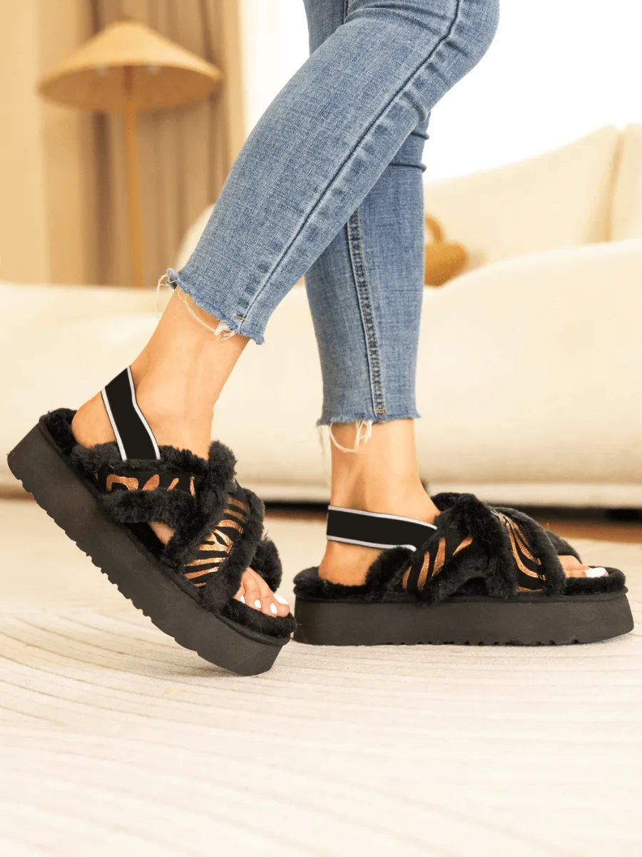 Roar Wool Lined Criss-Cross Strap Slipper - Black