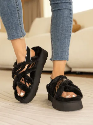 Roar Wool Lined Criss-Cross Strap Slipper - Black