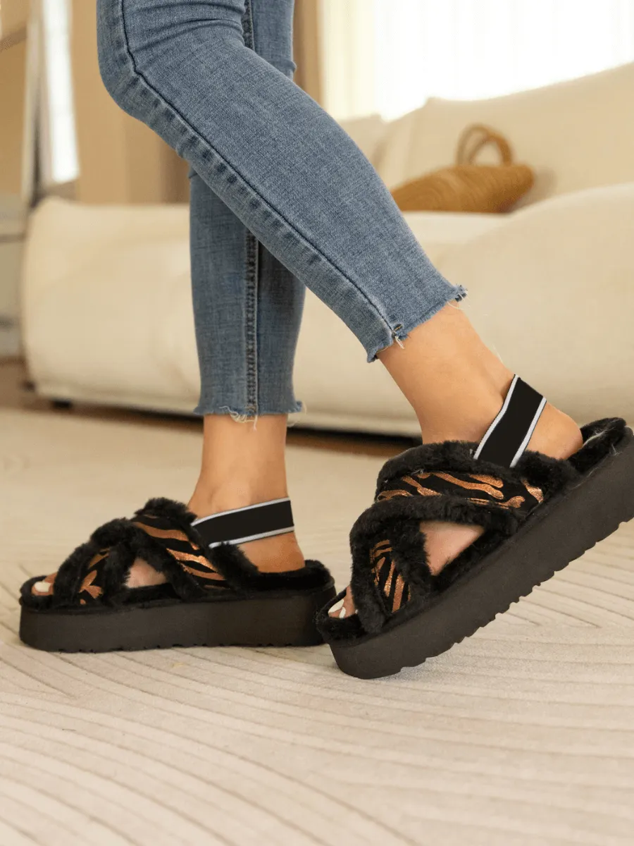 Roar Wool Lined Criss-Cross Strap Slipper - Black