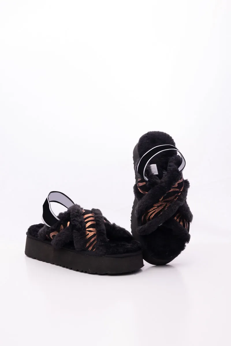 Roar Wool Lined Criss-Cross Strap Slipper - Black