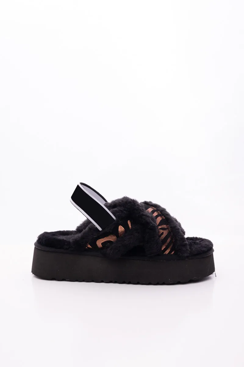 Roar Wool Lined Criss-Cross Strap Slipper - Black
