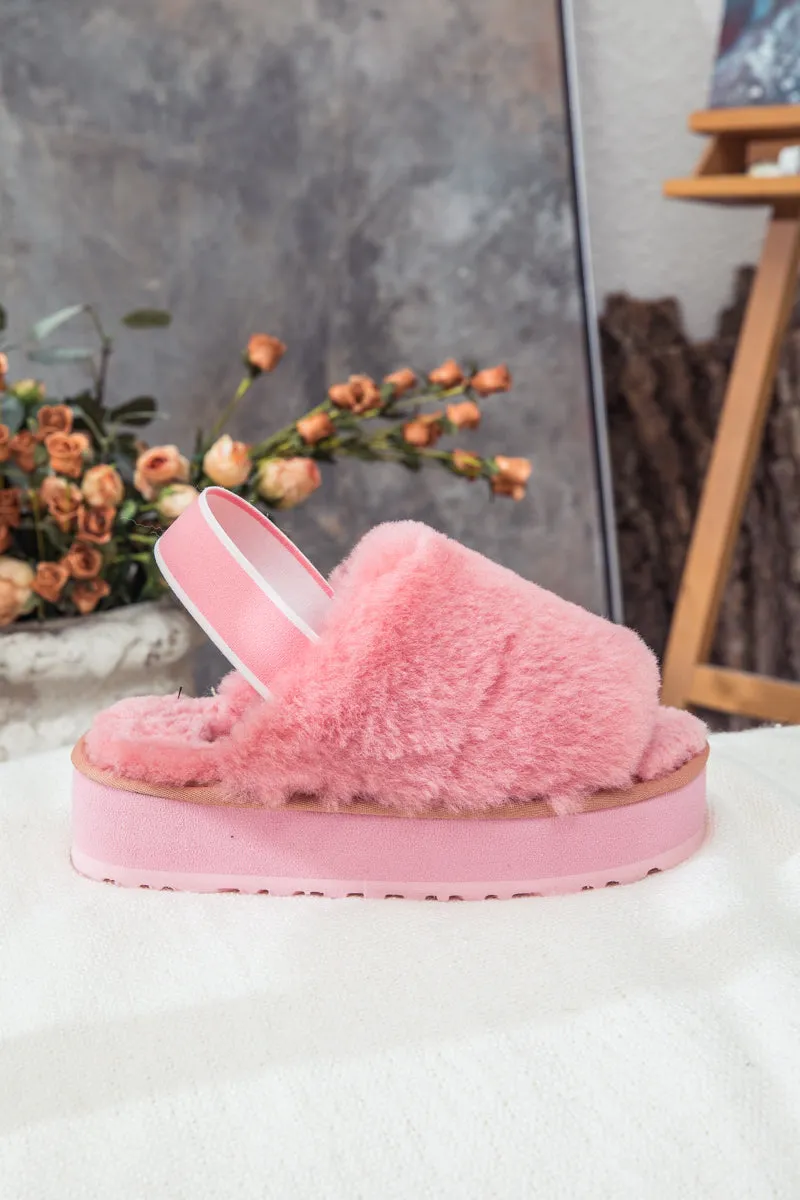 Soft Woolen Fluffy Disco Sandal Slipper - Pink