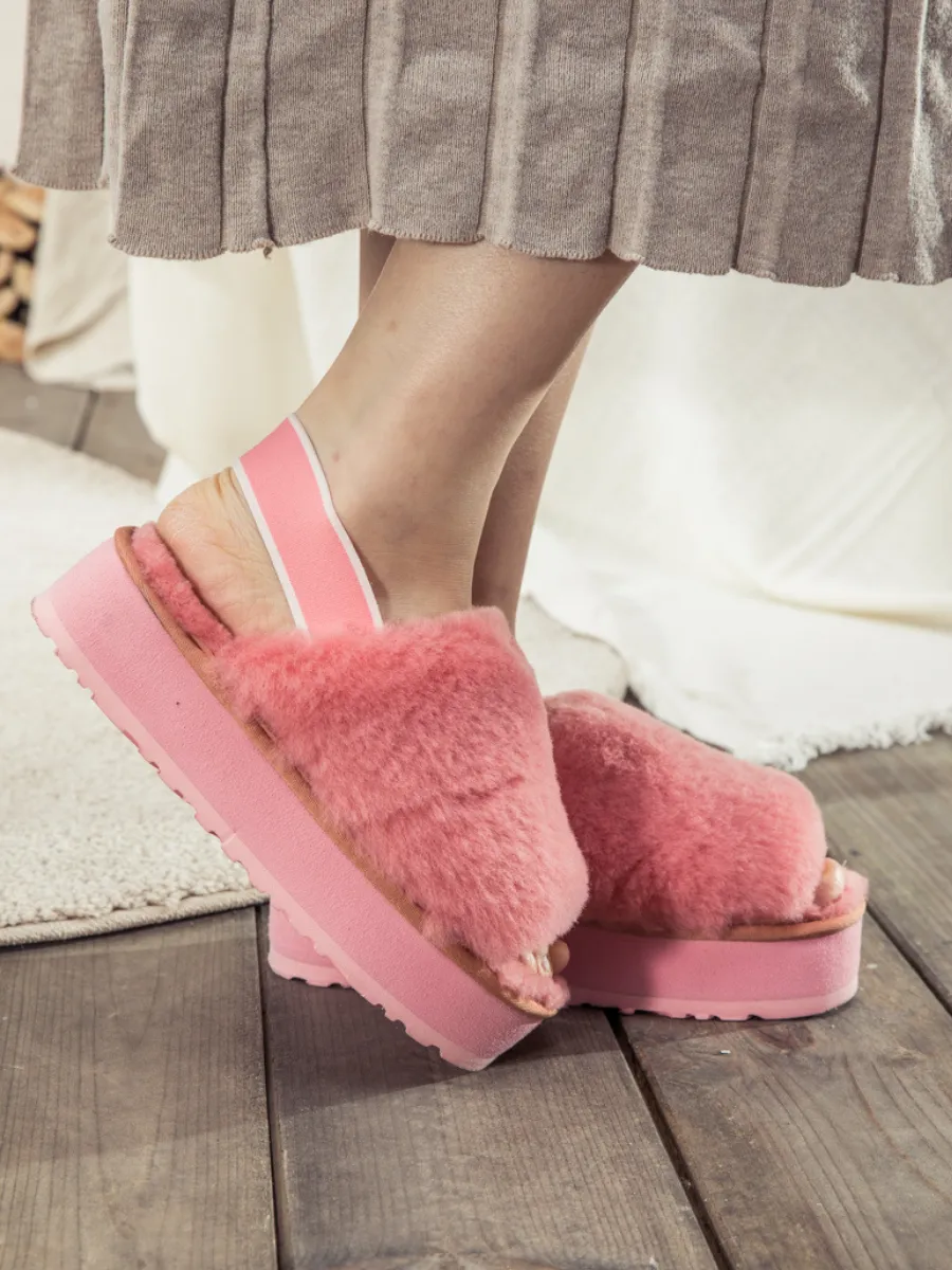 Soft Woolen Fluffy Disco Sandal Slipper - Pink