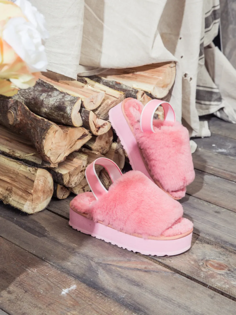 Soft Woolen Fluffy Disco Sandal Slipper - Pink