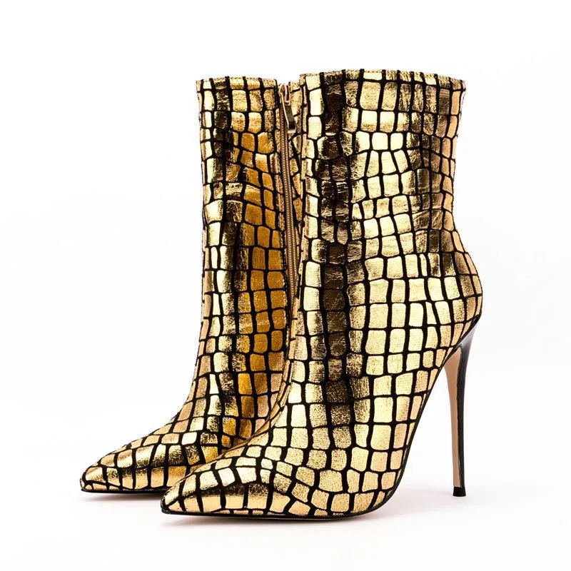 Stiletto Pattern Heel Square Plaid Ankle Boots