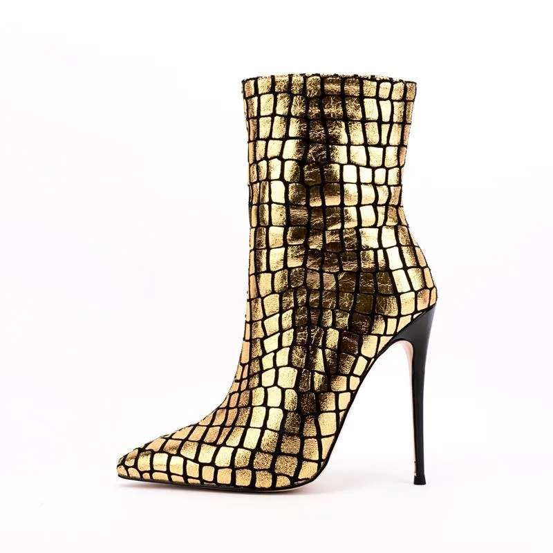 Stiletto Pattern Heel Square Plaid Ankle Boots