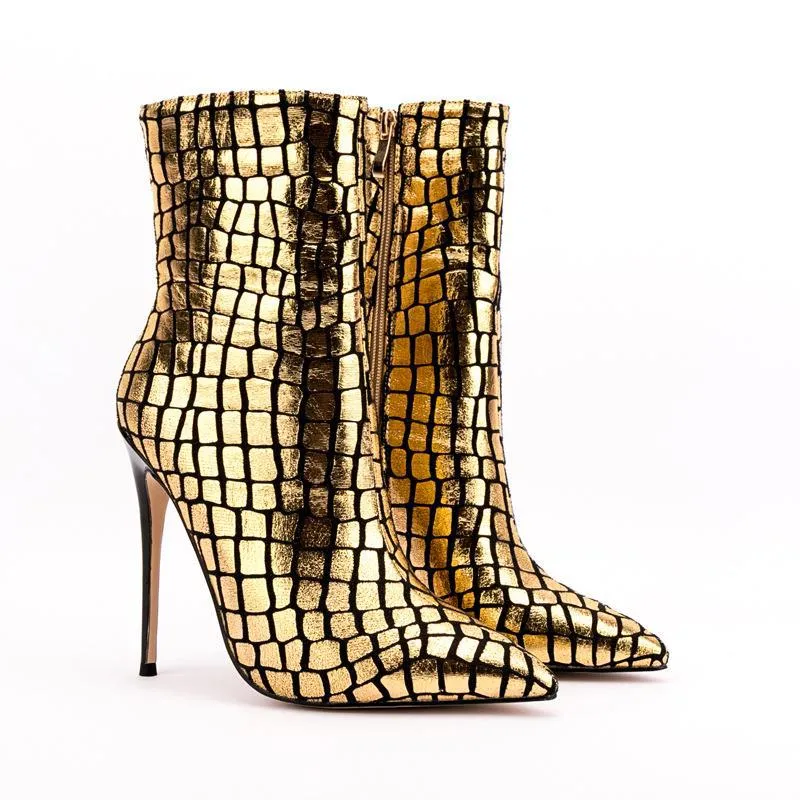 Stiletto Pattern Heel Square Plaid Ankle Boots