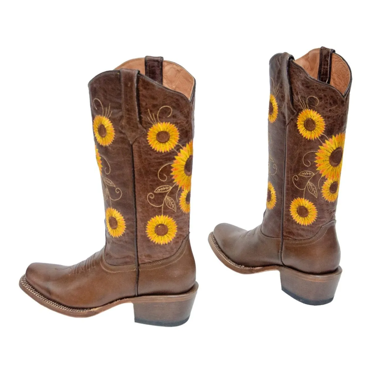 TANNER MARK WOMEN’S Cedar Park Vintage Brown Cowgirl Boots Whit Sunflower Embroidery Top