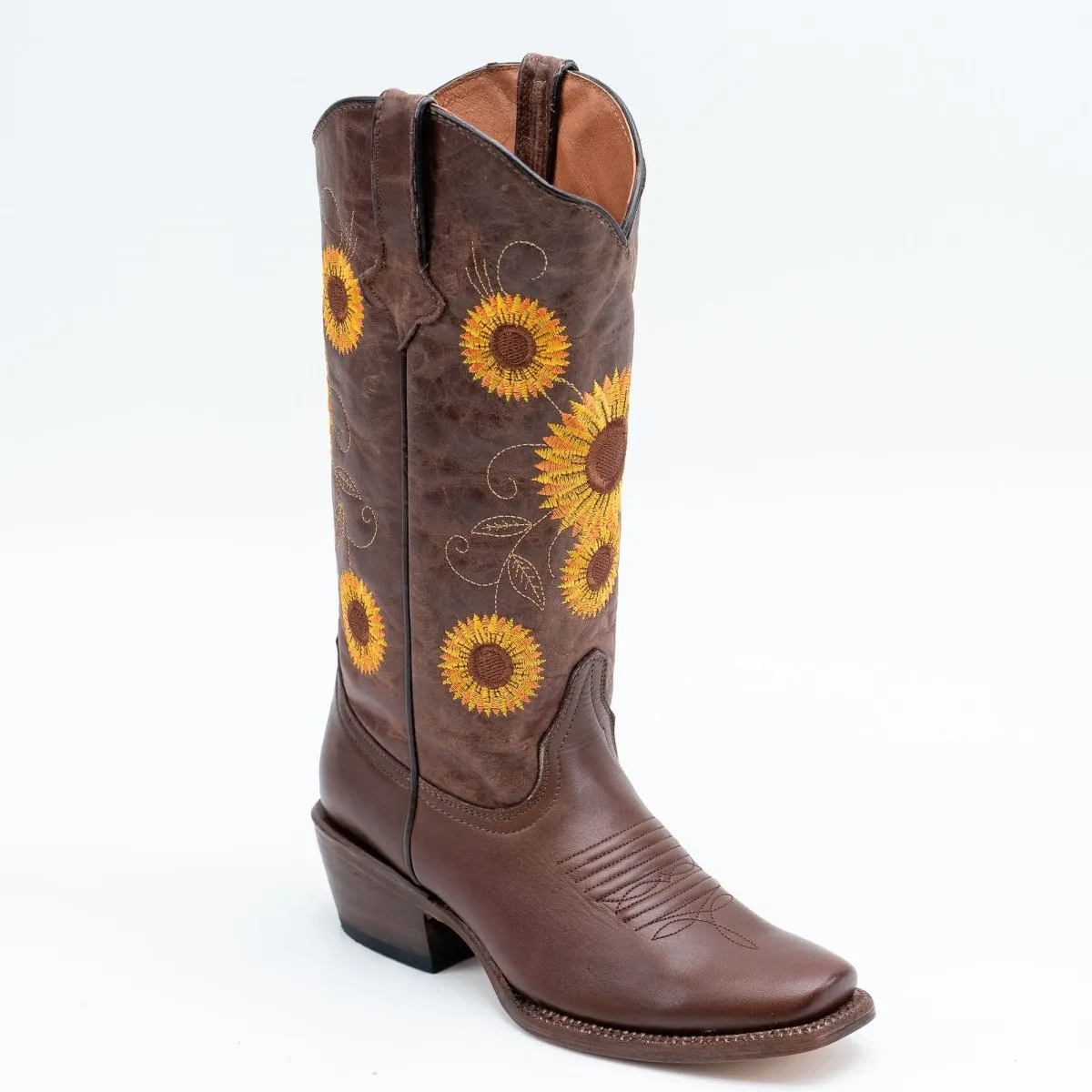 TANNER MARK WOMEN’S Cedar Park Vintage Brown Cowgirl Boots Whit Sunflower Embroidery Top