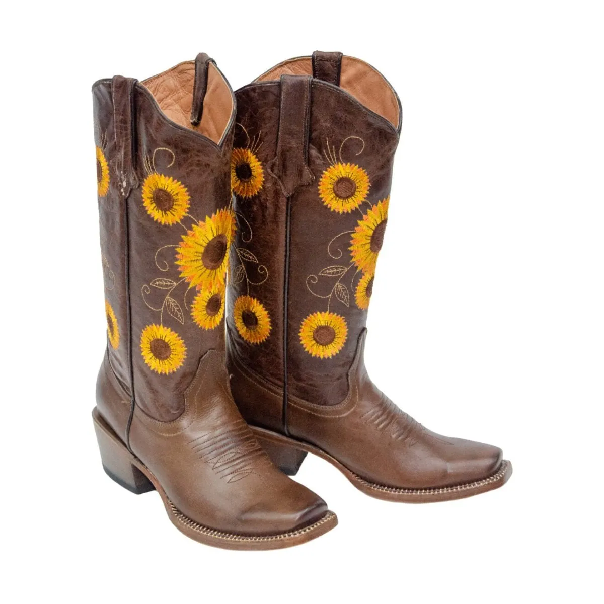 TANNER MARK WOMEN’S Cedar Park Vintage Brown Cowgirl Boots Whit Sunflower Embroidery Top
