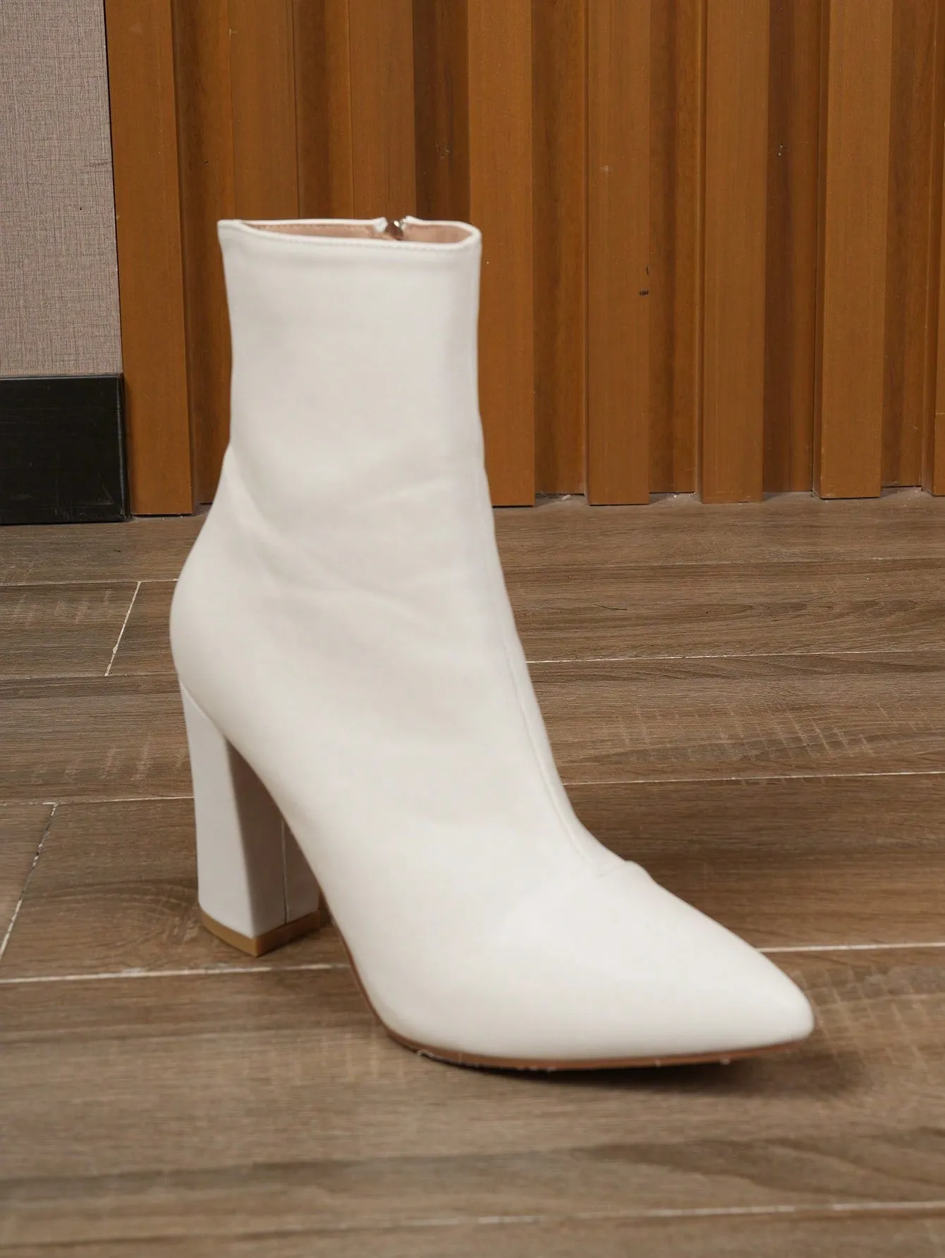 Women's Fashionable Boots, Silver Metallic Pointed Toe Chunky Heel Ankle Boots With Adhesive Design