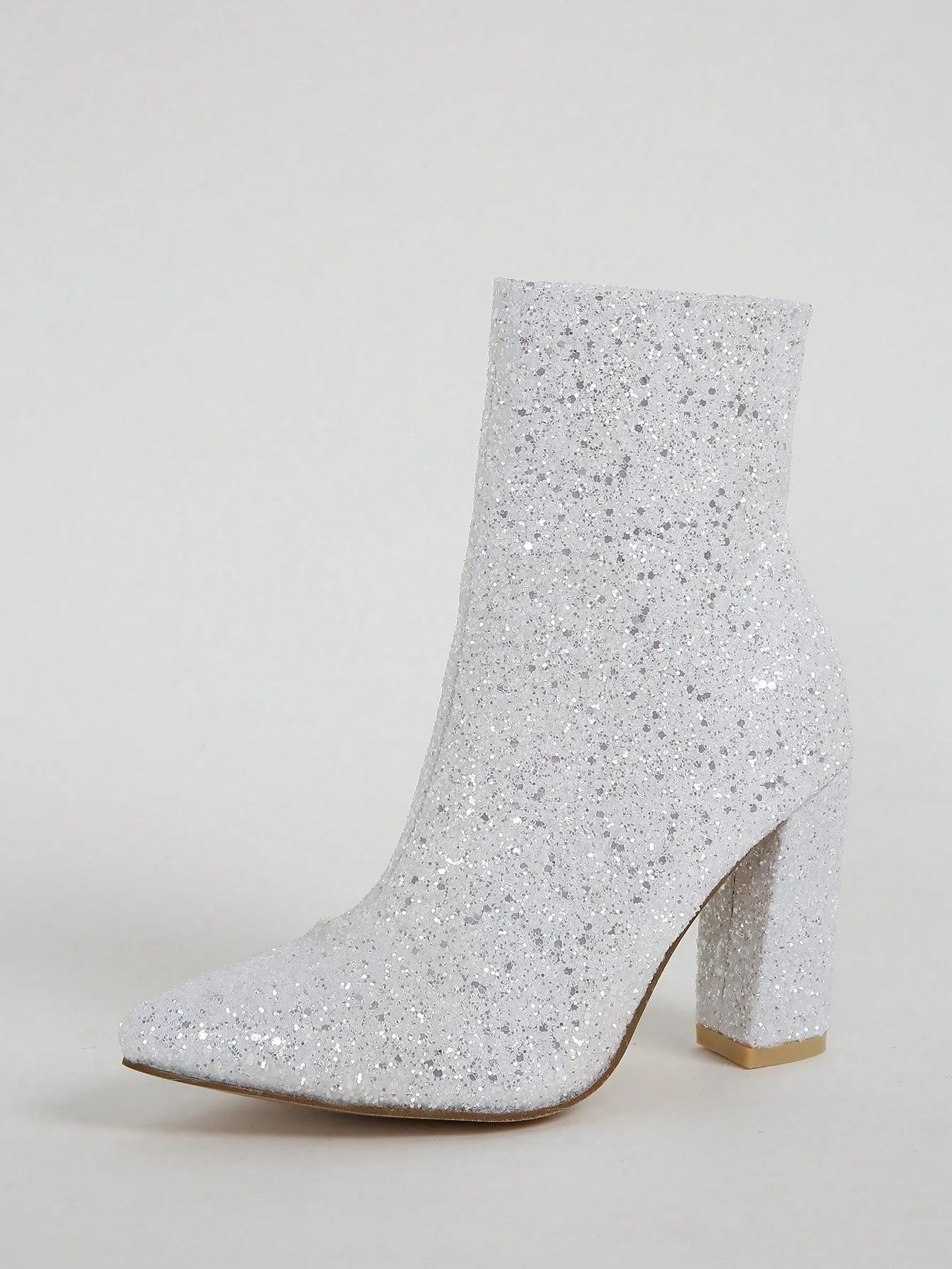 Women's Fashionable Boots, Silver Metallic Pointed Toe Chunky Heel Ankle Boots With Adhesive Design