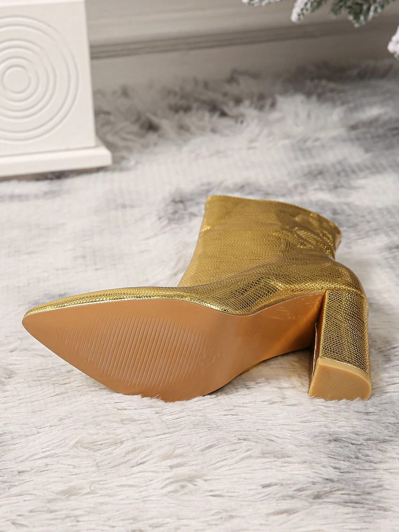 Women's Fashionable Boots, Silver Metallic Pointed Toe Chunky Heel Ankle Boots With Adhesive Design
