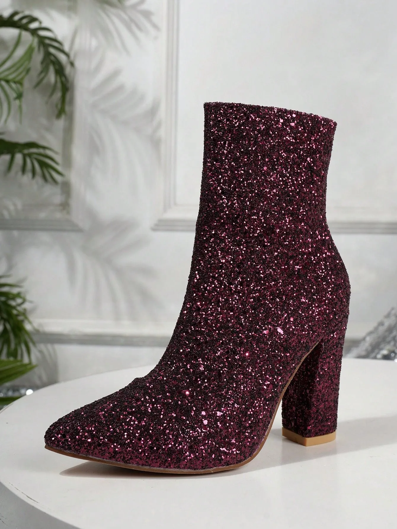 Women's Fashionable Boots, Silver Metallic Pointed Toe Chunky Heel Ankle Boots With Adhesive Design