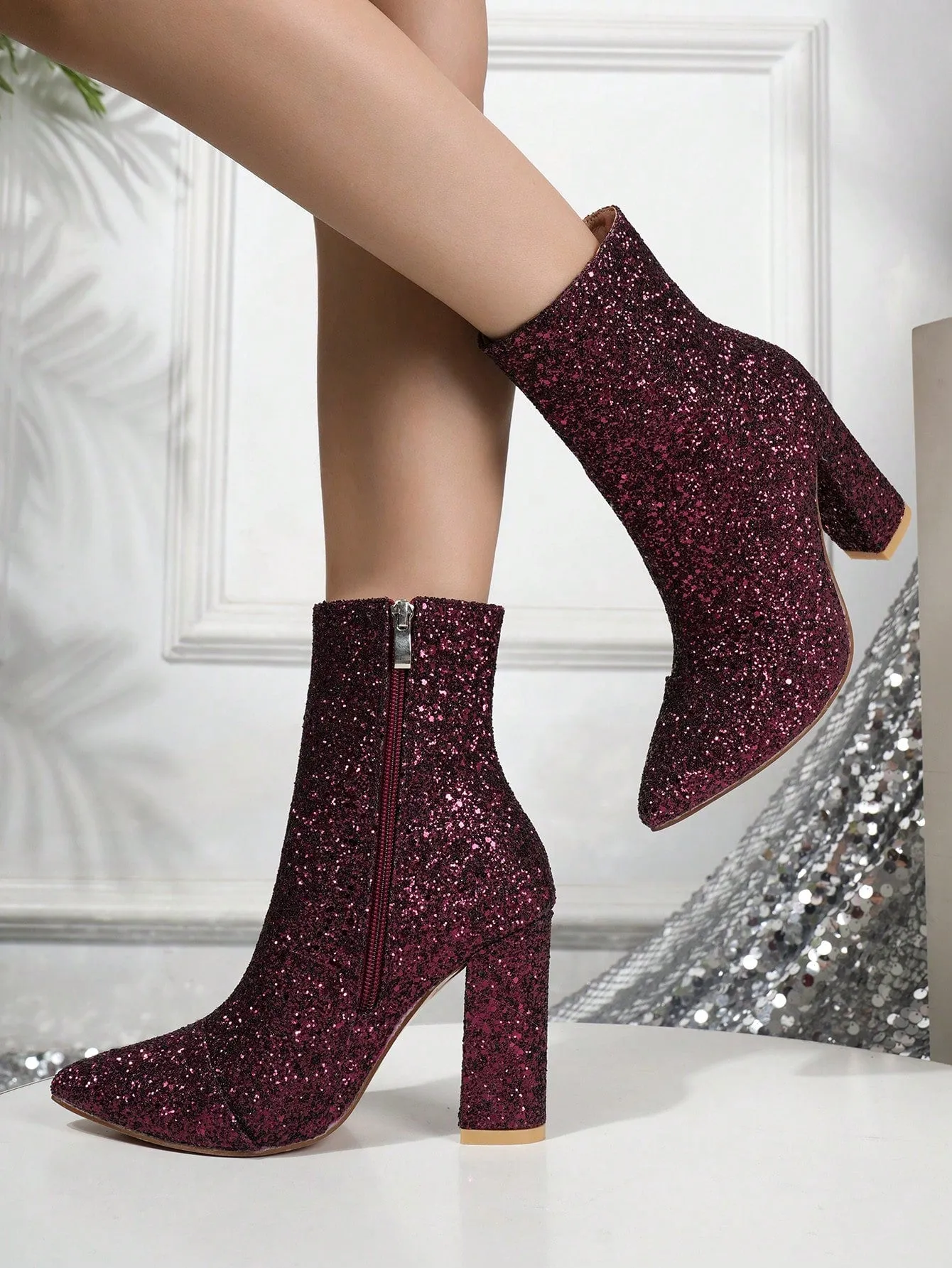 Women's Fashionable Boots, Silver Metallic Pointed Toe Chunky Heel Ankle Boots With Adhesive Design