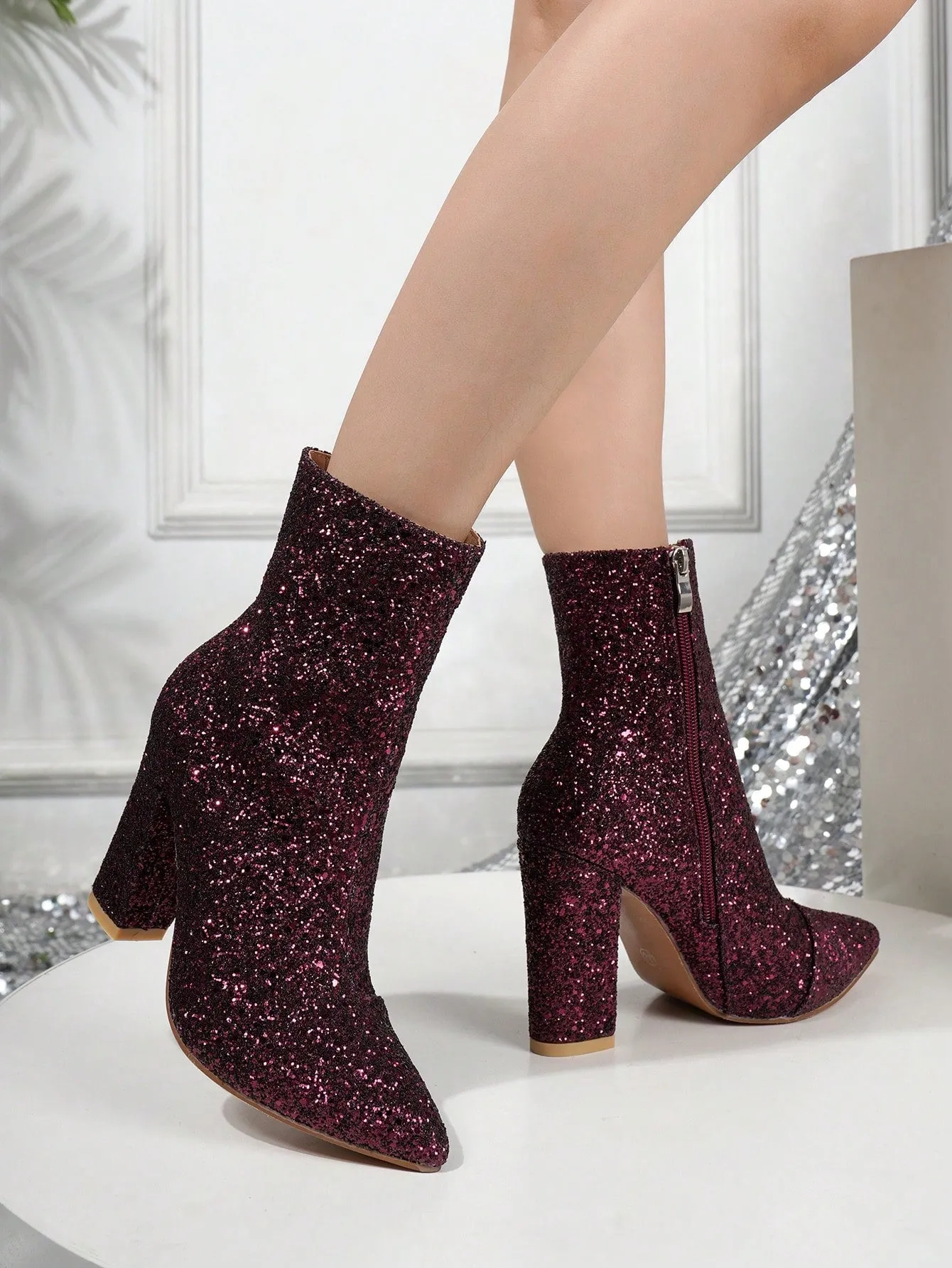 Women's Fashionable Boots, Silver Metallic Pointed Toe Chunky Heel Ankle Boots With Adhesive Design